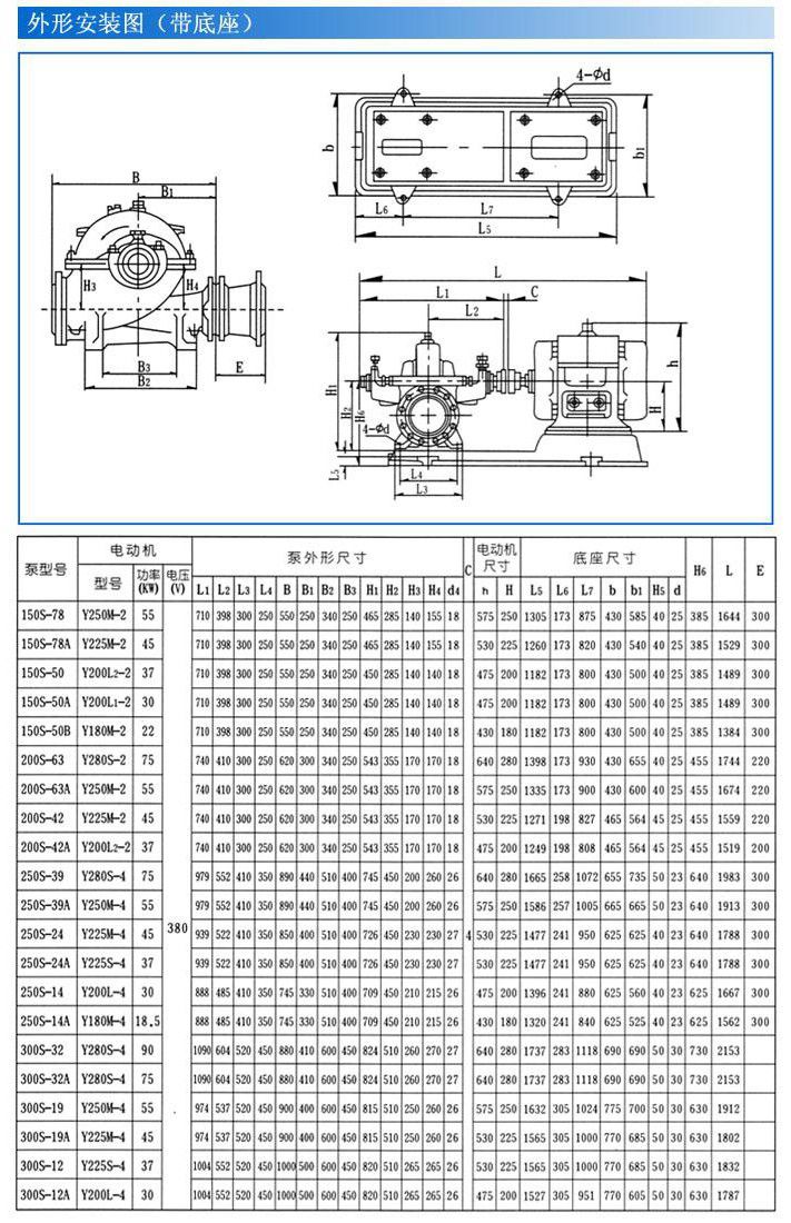S  SH單級雙吸離心泵安裝尺寸圖