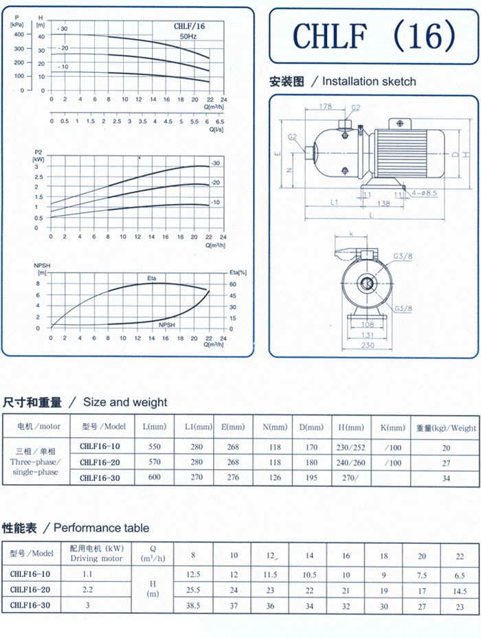 CHLF輕型立式不銹鋼多級(jí)離心泵安裝圖、尺寸、性能