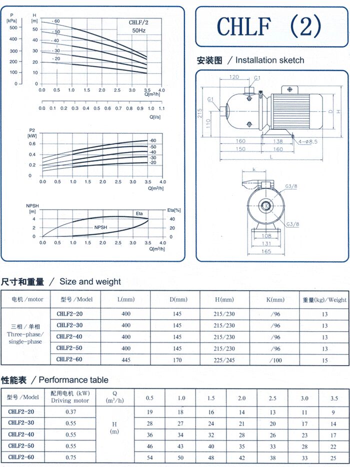 CHLF輕型不銹鋼多級(jí)離心泵尺寸和重量、性能表