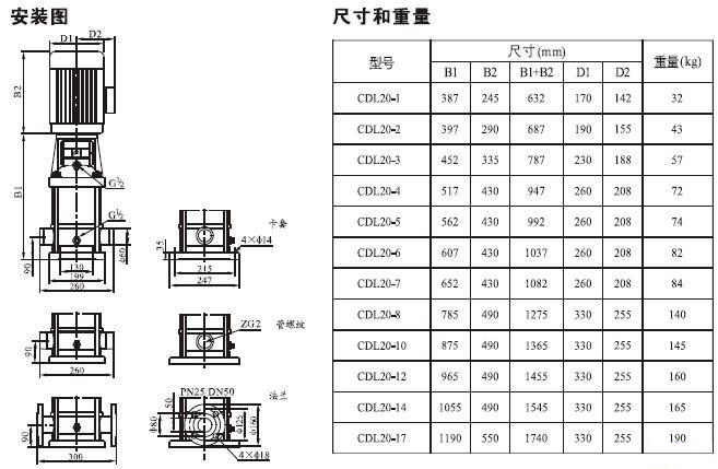 CDLF系列輕型不銹鋼立式多級泵安裝尺寸及重量